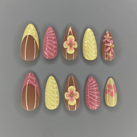 3D Yellow and Pink Flower Art Almond Nail Set