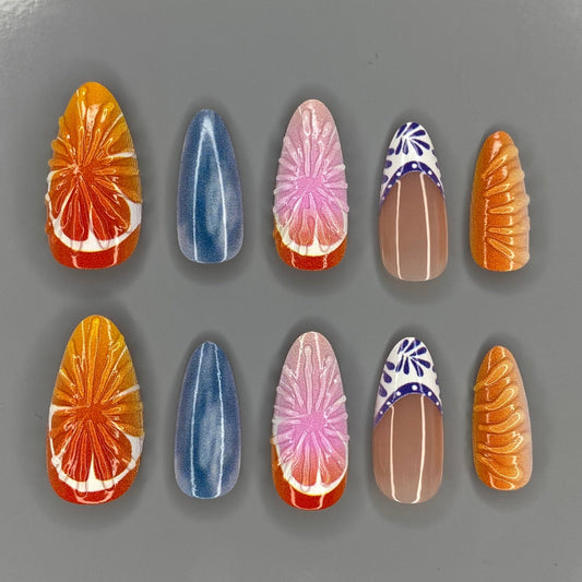 3D Orange and Blue Floral Art Almond Nail Set