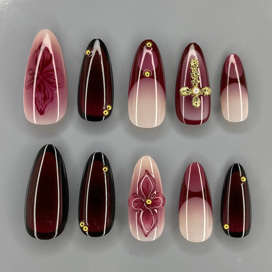 Burgundy Hues Almond Nail Set